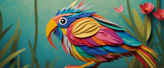 Fototapeta premium Coraciiformes with colorful feathers holding a fish with its beak on a blurred background.