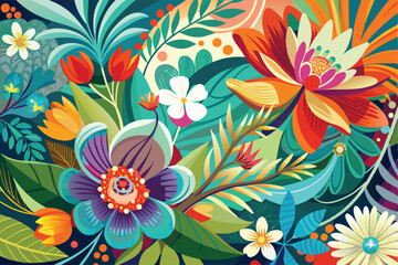 Colorful tropical floral background. Blooming flowers. Can be used as poster, exotic wallpaper. Vector illustration.