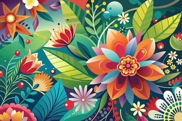 Colorful tropical floral background. Blooming flowers. Can be used as poster, exotic wallpaper. Vector illustration.