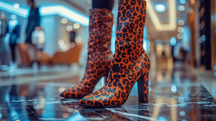 Leopard print high heel boots on a glossy floor in a mall.