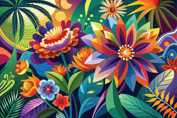 Colorful tropical floral background. Blooming flowers. Can be used as poster, exotic wallpaper. Vector illustration.