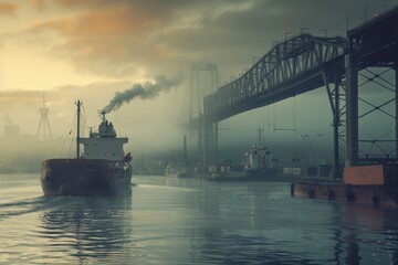 Fototapeta premium Maritime industry scene with ships, cargo, and dockworkers, highlighting ocean trade...