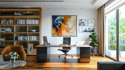 Modern home office with a stylish wooden floor, large window, bookcase, desk, and vibrant art. Bright, organized, and inviting workspace.