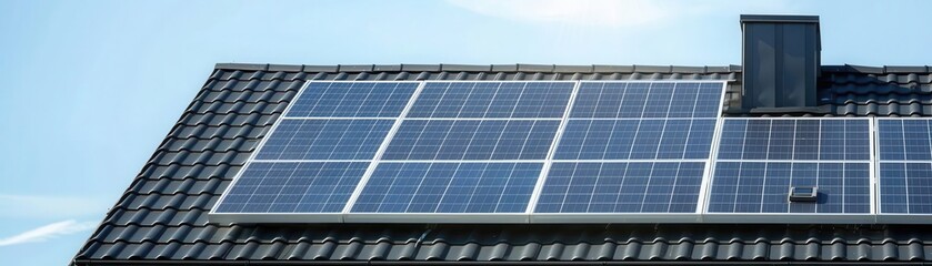 Rooftop solar panels in bright sunlight, energy innovation, side view, renewable resource, futuristic tone, black and white, copy space for text