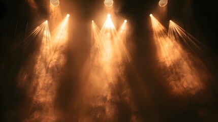 An empty stage is dramatically lit with vibrant blue and purple spotlights, casting a hazy glow and creating an anticipation for the upcoming performance