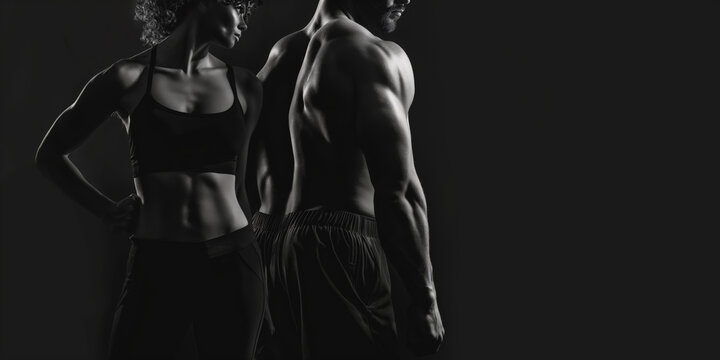 Muscular man and athletic woman posing on a black background. Advertising banner layout for a gym or fitness trainer. - Powered by Adobe