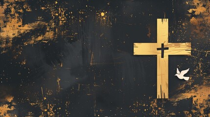 Abstract Black and Gold Christian Background with a Wooden Cross and White Dove