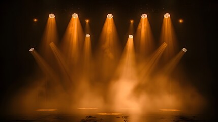 An empty stage is dramatically lit with vibrant blue and purple spotlights, casting a hazy glow and creating an anticipation for the upcoming performance