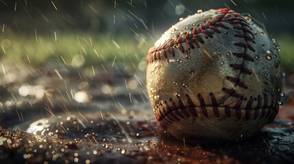 A baseball sits in the mud, rain drops falling around it. The baseball is wet and the ground is muddy. The image is taken from a low angle.