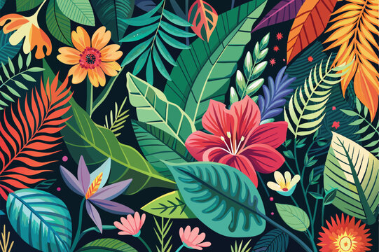 Colorful tropical floral background. Blooming flowers. Can be used as poster, exotic wallpaper. Vector illustration.