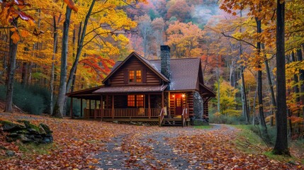 autumn getaway, secluded cabin surrounded by vibrant autumn foliage, providing a cozy retreat for a peaceful fall getaway