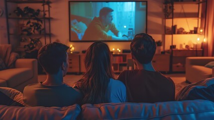 Three friends watching TV together in a cozy living room, enjoying a relaxed and comfortable evening at home.