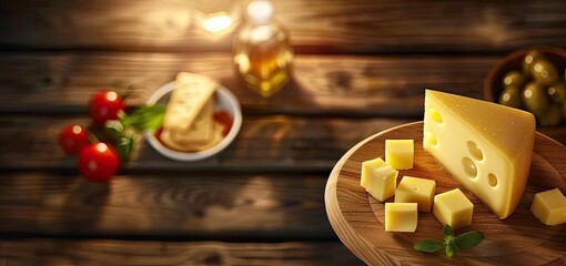 Delicious cheese on a wooden platter accompanied by fresh vegetables and olives, perfect for a gourmet meal or snack.