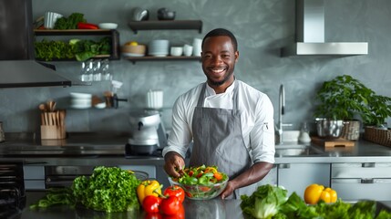 Professional Chef Preparing Fresh Salad in Modern Kitchen