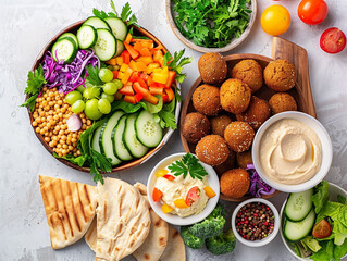Middle eastern or arabic cuisines, falafel, hummus, tabouleh, pita and vegetables on a concrete background. View from above. 