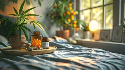 Bedside Table with Cannabis-Infused Sleep Aids in Cozy Environment