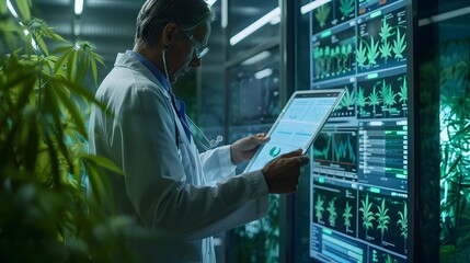 Doctor Examining Cannabis Addiction Data on Advanced Clinic Technology