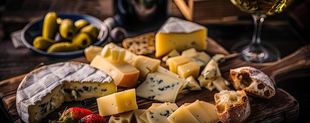 Assorted gourmet cheeses on a wooden board with bread, olives, and a glass of wine, perfect for a culinary and wine experience.