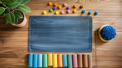Colorful chalk and organized classroom supplies on a wooden desk.