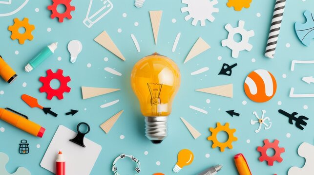 Arrows pointing at innovation symbols such as light bulbs, gears, puzzle pieces, showing a brainstorming session with ideas converging into a central hub