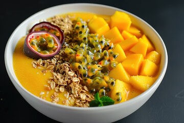 Bowl of mango smoothie with granola and passion fruit