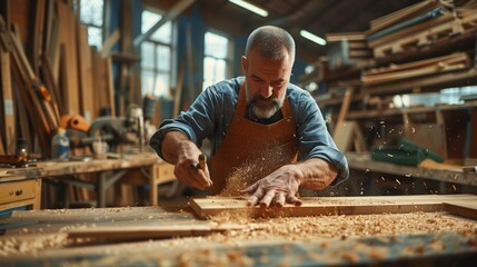 Skilled Craftsman Woodworking in a Busy Workshop Creating Wooden Masterpiece