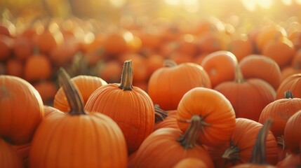 Pumpkins stacked in a field background