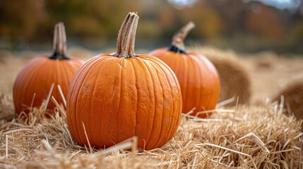 Pumpkins on bales of straw autumn composition