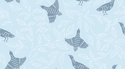 seamless pattern with leaves and birds on blue background. Winter card