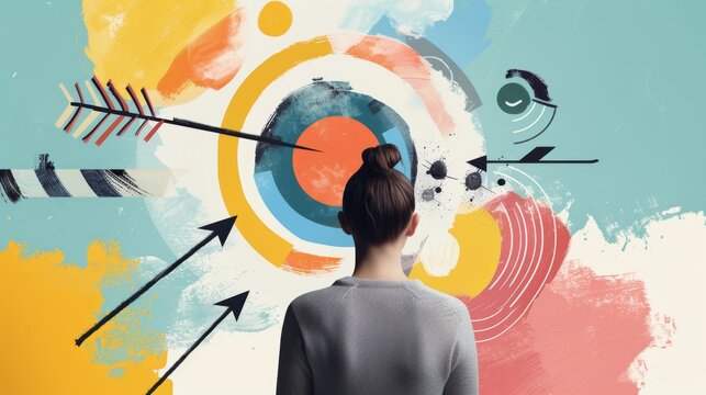 Artistic vision board with various motivational images and arrows converging on a core objective, symbolizing goal setting and personal growth