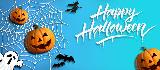 
happy halloween banner with bat ghost pumpkin cobwebs and a witch on broom and a tombstone on blue...