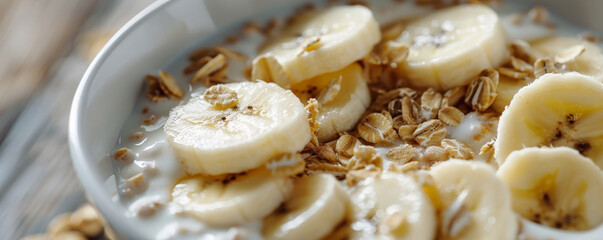 A close-up of a cereal bowl with milk and fresh banana slices, emphasizing the freshness and simplicity of the breakfast.