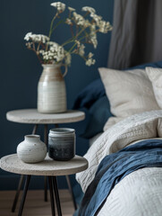 Cozy minimalist bedroom with vases and flowers on nightstands