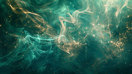 An abstract background with sparkling elements and elegant smoke, utilizing shades of emerald green and soft gold. The smoke should be wispy and delicate, with glittering accents creating a luxurious