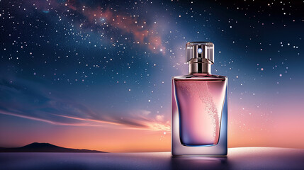 Elegant perfume bottle against a starry night sky