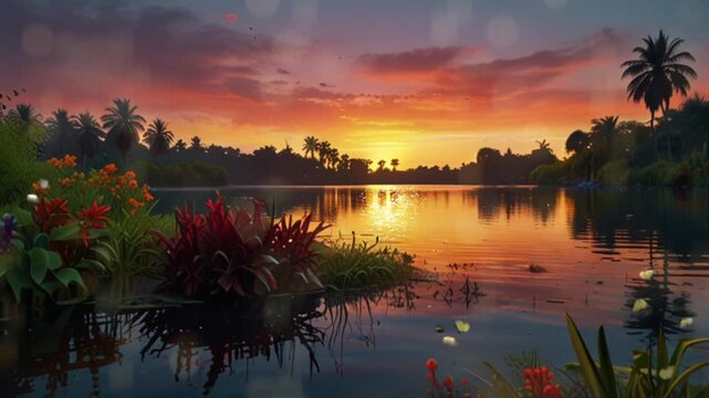 A view of the sunset on a beautiful lake in the middle of the forest. Seamless 4K looping timelapse video animation generated AI