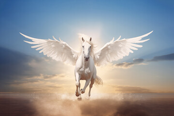 Front view of white pegasus horse spread wings and flying on the water surface with clouds and blue sky background