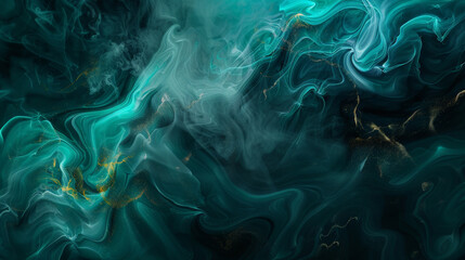 Obraz premium An abstract background with sparkling elements and luxurious smoke, combining vibrant emerald greens and deep blacks. The smoke should swirl gracefully, adding a touch of mystery and sophistication.