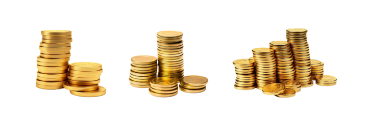 Stack of golden coins cutout. Golden coin stack on transparent background
