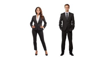Happy businesswoman and businessman in full height front view cutout