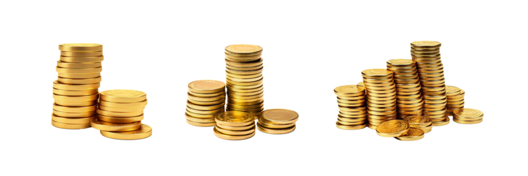 Stack of golden coins cutout. Golden coin stack on transparent background