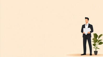 Obraz premium A businessman stands confidently in an office setting, holding documents beside a decorative plant against a neutral background.