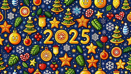 Naklejka premium New Year 2025 and Christmas seamless pattern with christmas decoration.
