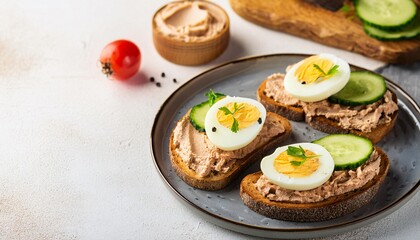 Toasts with tuna, egg and cucumber on a light textured table background, top view, copy space, generative AI