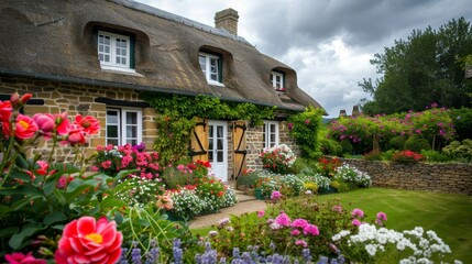 Cozy countryside cottage with a thatched roof, ivy-covered stone walls, and a vibrant flower garden in full bloom, capturing rustic charm