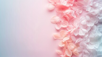 Fototapeta premium Soft pastel flowers arranged elegantly on a gentle gradient background, perfect for floral designs and romantic themes.