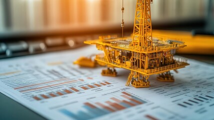 Miniature oil rig model on financial charts, representing investment and analysis in the energy sector.