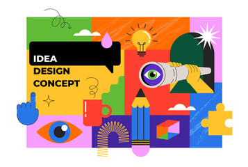 Idea, thinking out of the box, creativity and design concept background, banner, poster. Geometrical style vector design with light bulb, brain, pencil