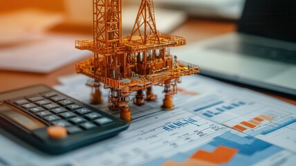 Model oil rig and calculator on financial documents showcasing market analysis, investment, and energy sector strategy concept.