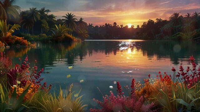 A view of the sunset on a beautiful lake in the middle of the forest. Seamless 4K looping timelapse video animation generated AI